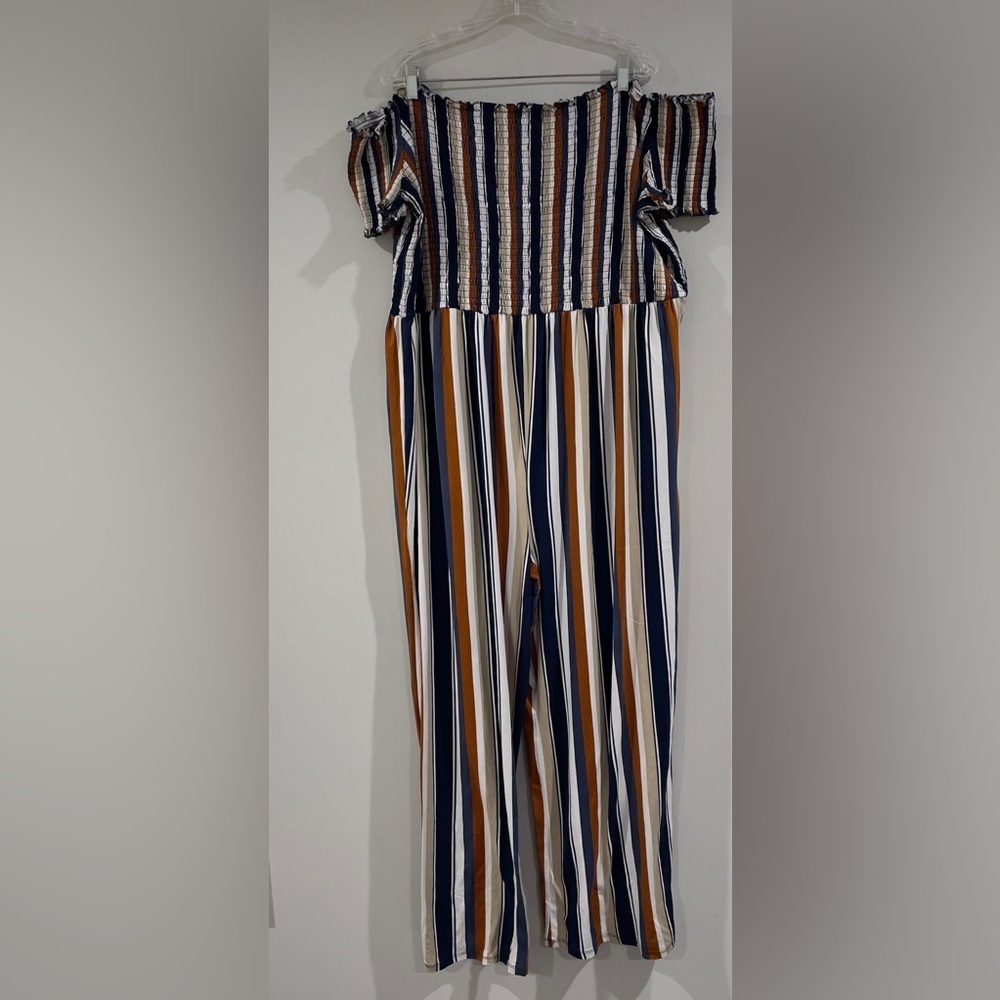 Rue 21 Off-the-Shoulder Striped Jumpsuit - Brown & Blue & Tan & Orange, Size 3X - Picture 2 of 7